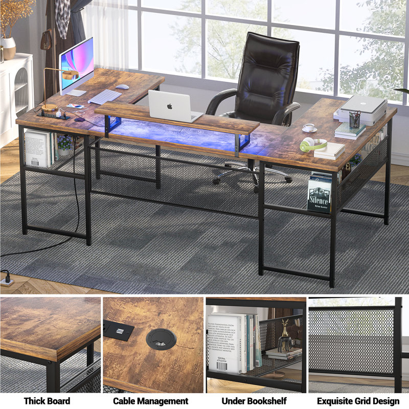 Manasa 83" U-Shape Computer Desk with LED Light Strip and Sockets, Brown/Black