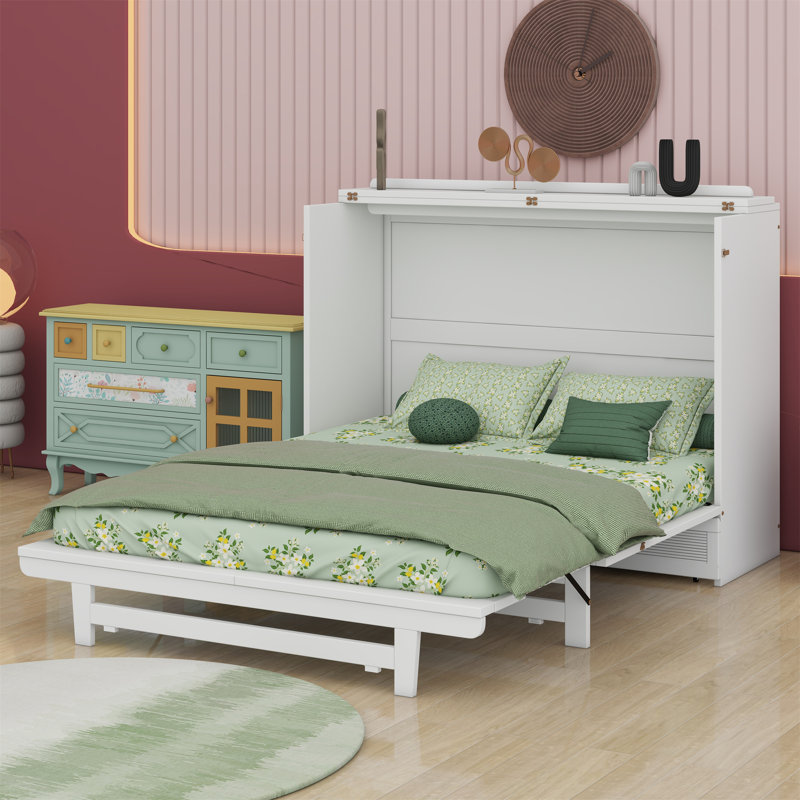 Lit escamotable double avec grand tiroir, ports USB et prises de courant, Blanc