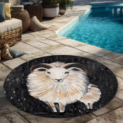 Two Bushy Ram Rug | Rustic Animals Round Outdoor Decor