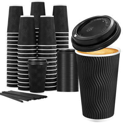 16 Oz Disposable Coffee Cups With Lids, 50 Pack Insulated Hot Cups To Go Paper Coffee Cups With Lids And Straws, Corrugated Ripple Wall Cup For Hot Drink, Office, Coffee Bar (Black)