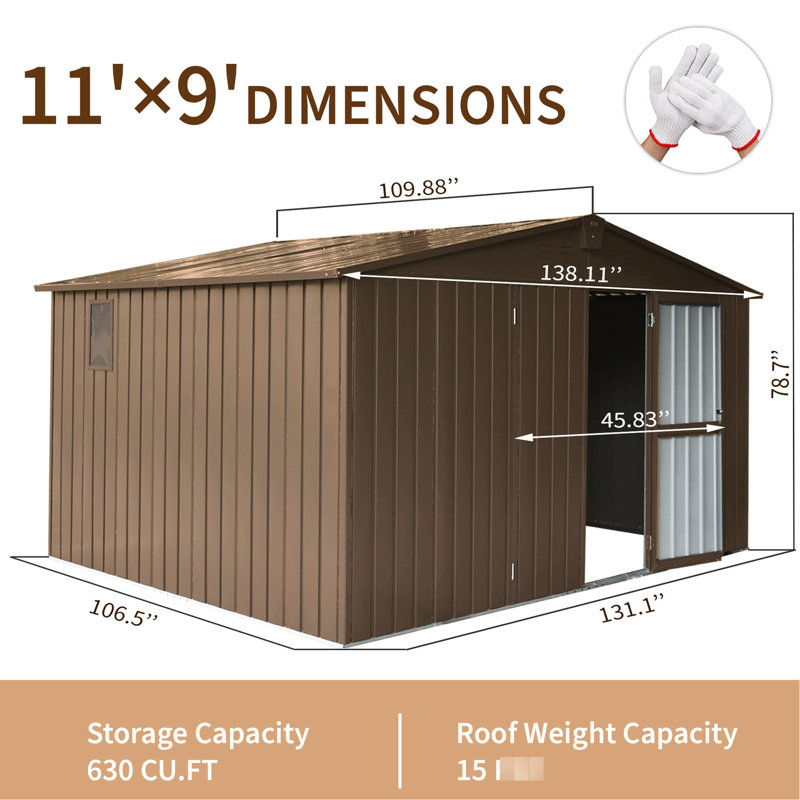 Remise en acier galvanisé 11 pi x 9 pi, fenêtres, porte verrouillable, espace de rangement extérieur pour jardin, 630 pi³, remise brune avec cadre et fenêtres pour l'extérieur,