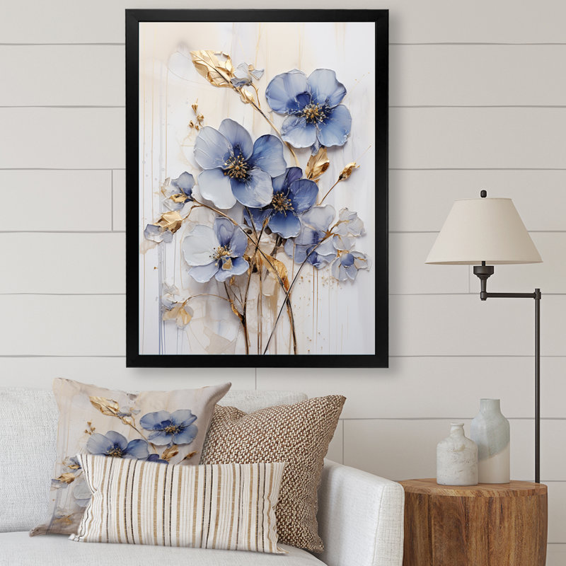 Bleu et or Exquisit Violets IV, Cadre simple noir, H 44 po x l 34 po x P 1,5 po