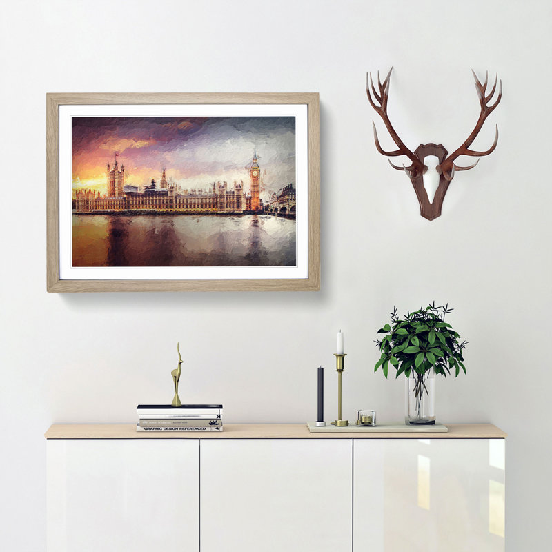 Big Ben And Houses Of Parliament In Abstract - Single Picture Frame Painting, 45cm H x 63cm W x 2cm D, Oak Framed