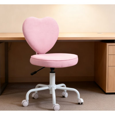 Chaise de coiffeuse rose en forme de cœur, hauteur réglable, lin respirant, mousse souple, pivotante à 360° pour une grande maniabilité et une rotation fluide.