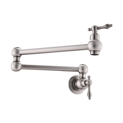 Wall Mount Pot Filler Faucet With Folding Option, 360 Rotation, Double Handles For Accurate Water Flow, And In Nickel, Swivel Arm, Continuous Corrosion Finish