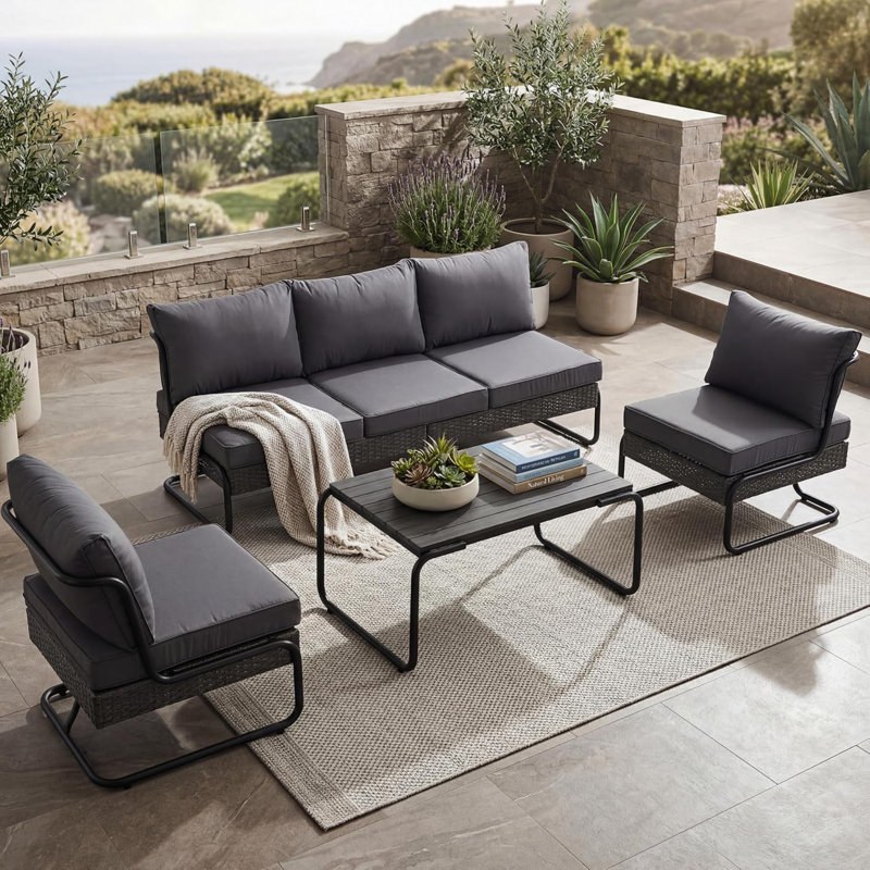 All Weather Bistro Furniture Set, Metal Patio Sofas Outdoor Sectional With Coffee Table And Cushions, Gray