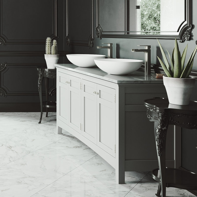 Lotus 16" L x 16" W x 5" H Round White Matte Stone Vessel Bathroom Sink with 10" H Faucet, Brushed Nickel