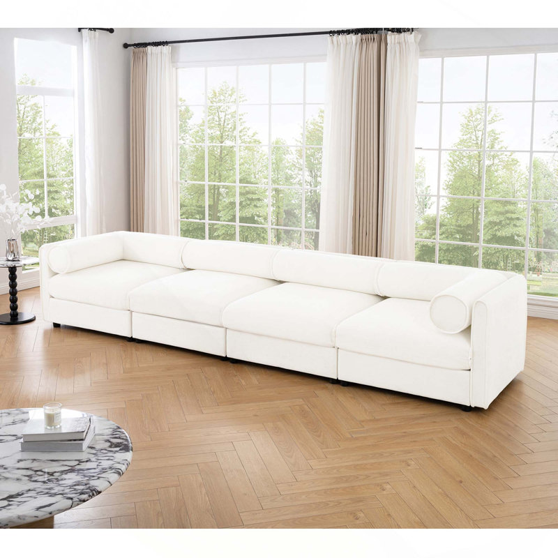 Canapé modulaire moderne à 4 sièges profonds avec dossier cylindrique, rangement et assemblage facile, Blanc