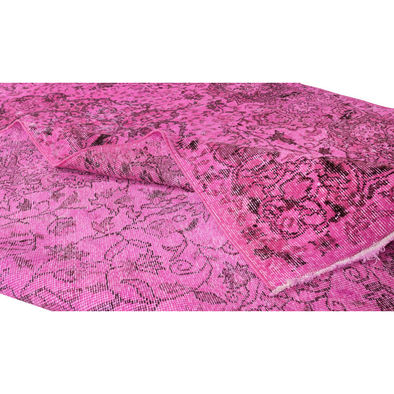 Tapis turc noué à la main de 6,5 po x 6,6 pi et teint en rose avec motif de médaillon