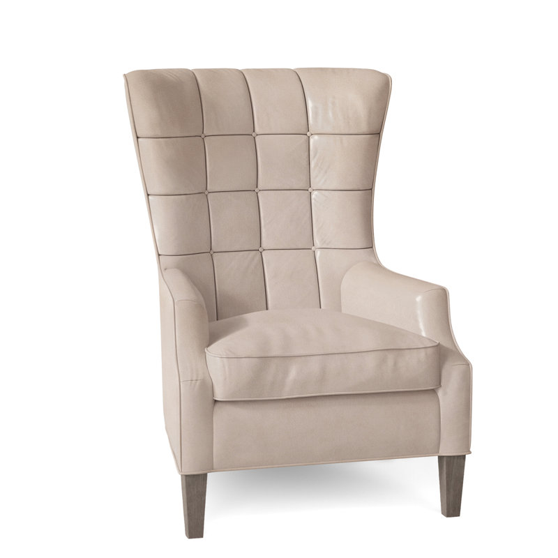 Fauteuil à oreilles Gallin en cuir véritable capitonné de 31 po de largeur, Pierre, Cuir véritable minéral Rio