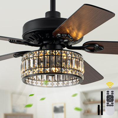 52 Inch Black Modern Crystal Ceiling Fan with Lights and Remote, Double-Sided Reversible 6 Speeds Chandelier Ceiling Fan with Crystals