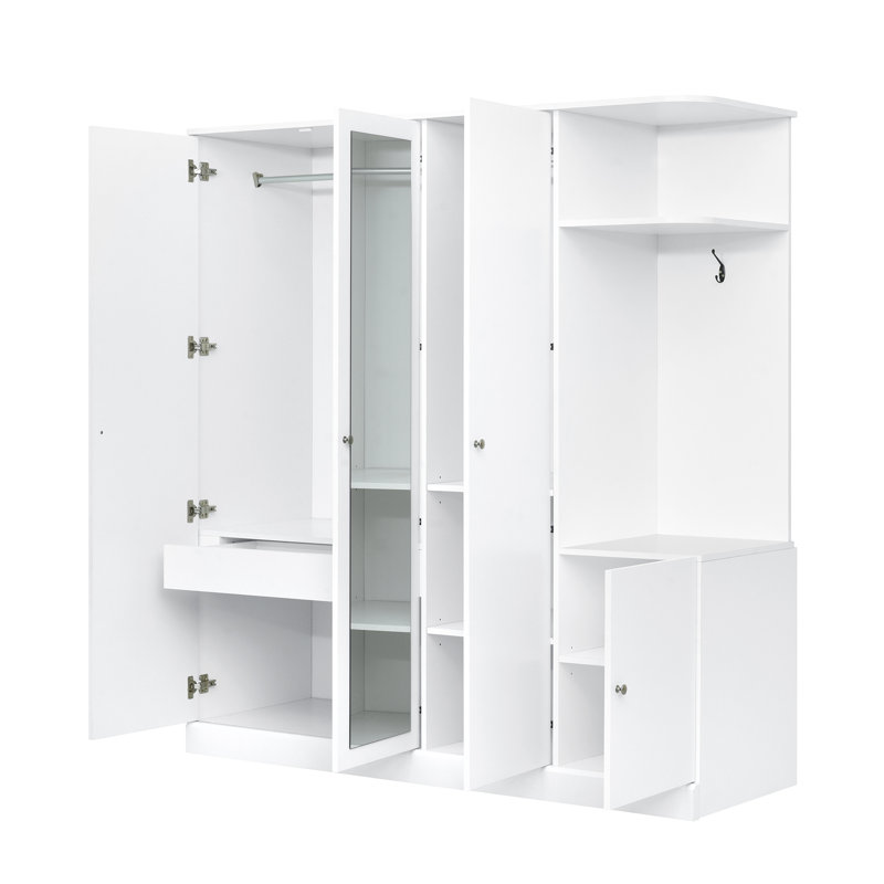 Armoire 4 portes avec tablettes, tiroirs et miroir pleine grandeur, Blanc