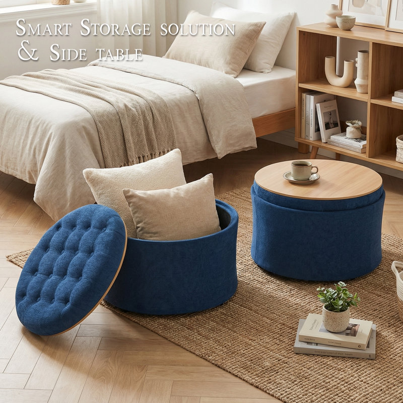 23.5" Wide Round Upholstered Ottoman With Storage, Blue
