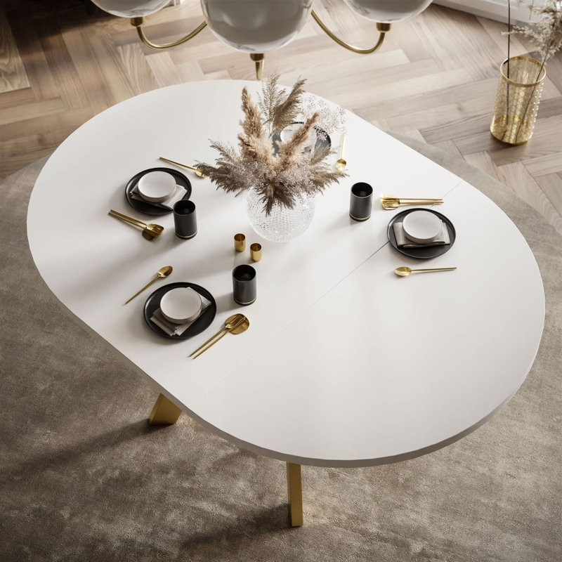 Extendable Round Metal Base Dining Table, Gold, White
