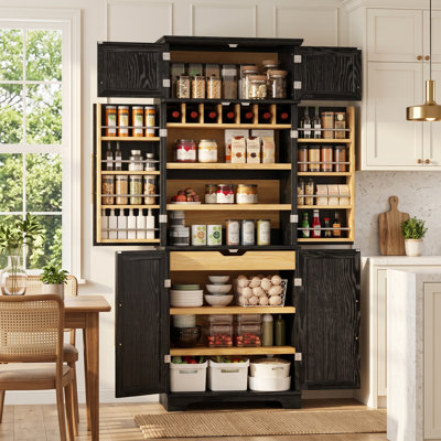 Armoire de cuisine à porte française de 78,2 po de hauteur avec 8 tablettes de porte intégrées et un porte-bouteilles, une armoire de cuisine mince et profonde de 16 po avec tiroir caché et rangement réglable