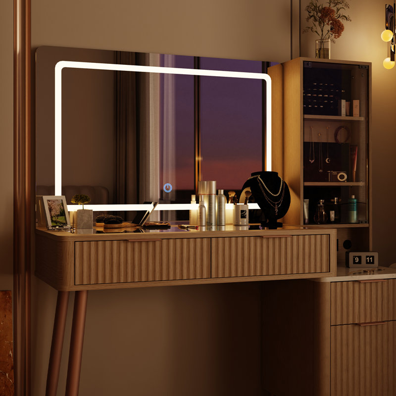 Makeup Vanity with 3 Colors LED Lighted Mirror & Power Outlet for Bedroom