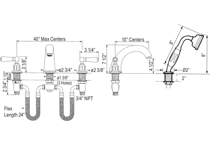 Edwardian™ 4-Hole Deck Mount Tub Filler, English Gold, Lever Handle