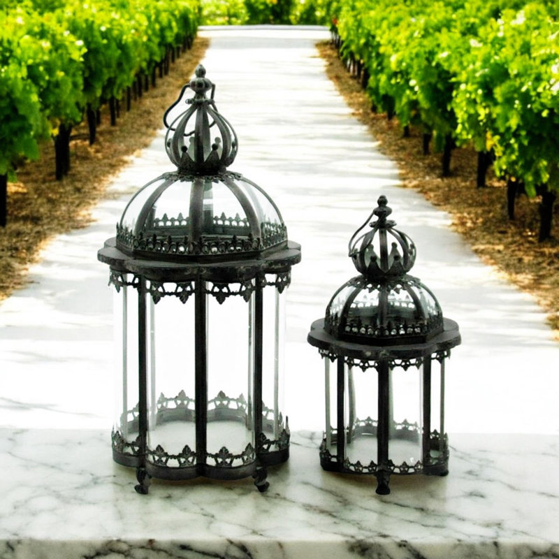 2 Piece Metal Floor Lantern Set, Black