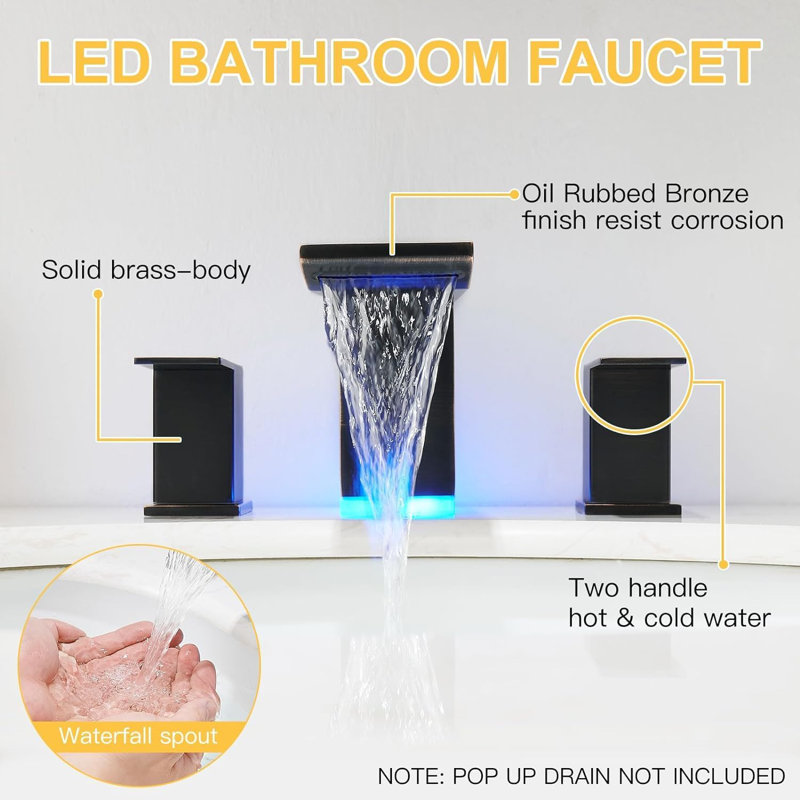 LED Oil Rubbed Bronze Waterfall Bathroom Faucet, 8" Widespread 3-Hole Vanity Sink Faucet with Dual Handles, Pop-Up Drain & Supply Lines