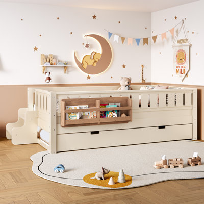 Bunk Bed With Built-In Bookshelves, Small Staircase, High-Quality Safety Rails, And Trundle