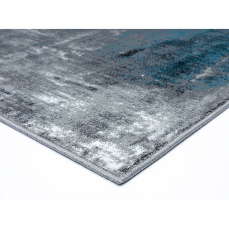 Tapis bleu / gris / noir à motif abstrait Hellie, Rond 6 pi 11 po