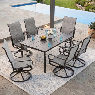 7pcs Padded Textilene Patio Dining Set With Umbrella Hole, Swivel Design