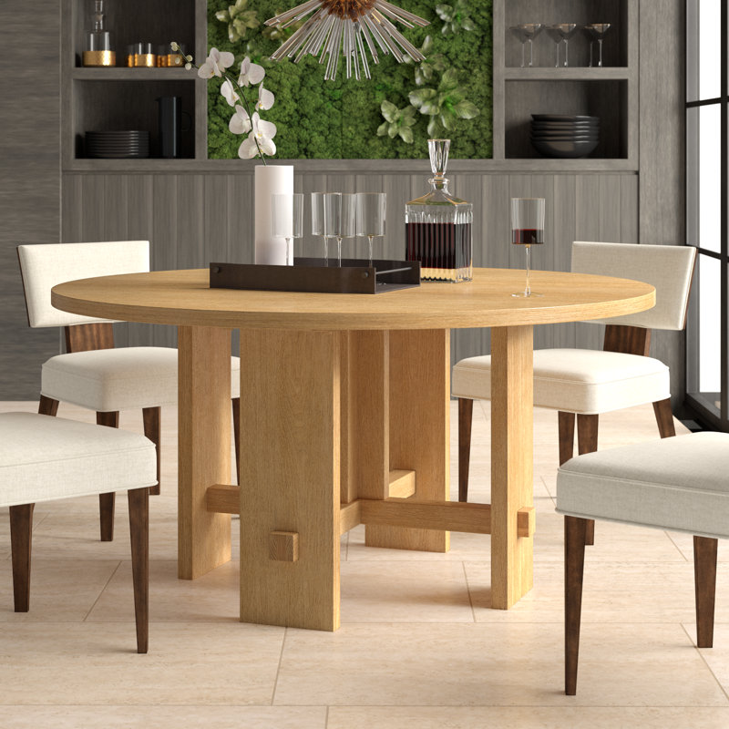Table de salle à manger ronde en bois massif de style contemporain avec quatre pieds et un plateau en bois naturel pour 6 sièges