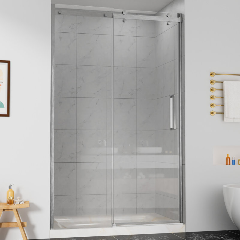 44"-48" W x 76" H Single Sliding Frameless Shower Door with 5/16" (8mm) Crystal Clear Tempered Glass, Brushed Nickel