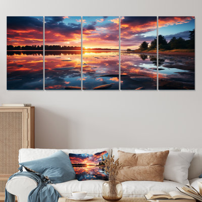 «Horizon Sunset By The Lake I - Lake», art mural 5 pièces