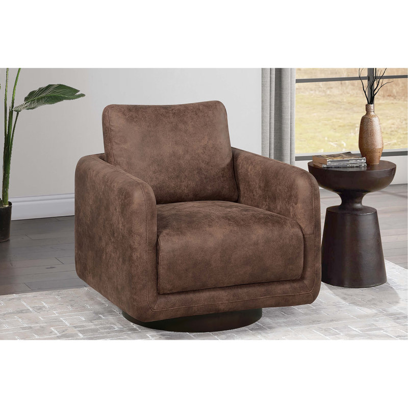 Fauteuil d'appoint pivotant à 360 degrés de style transitionnel de couleur noyer, similicuir, coussin à ressorts et en mousse, structure en bois massif moderne pour les coins de lecture, conversation confortable