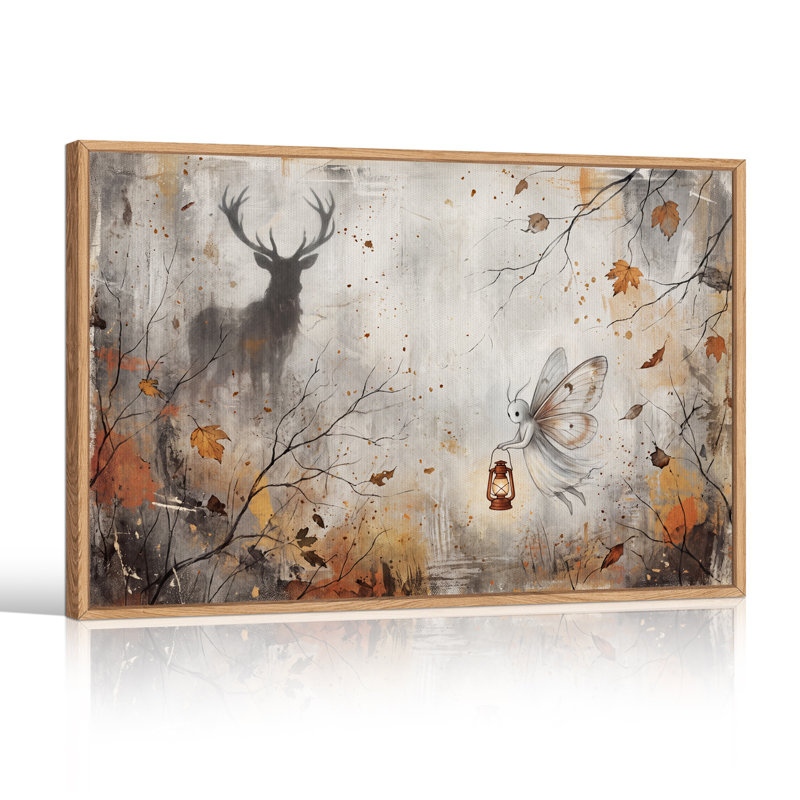 Fée tenant une lanterne près d'un cerf, art d'Halloween sur toile, H 24 po x l 36 po