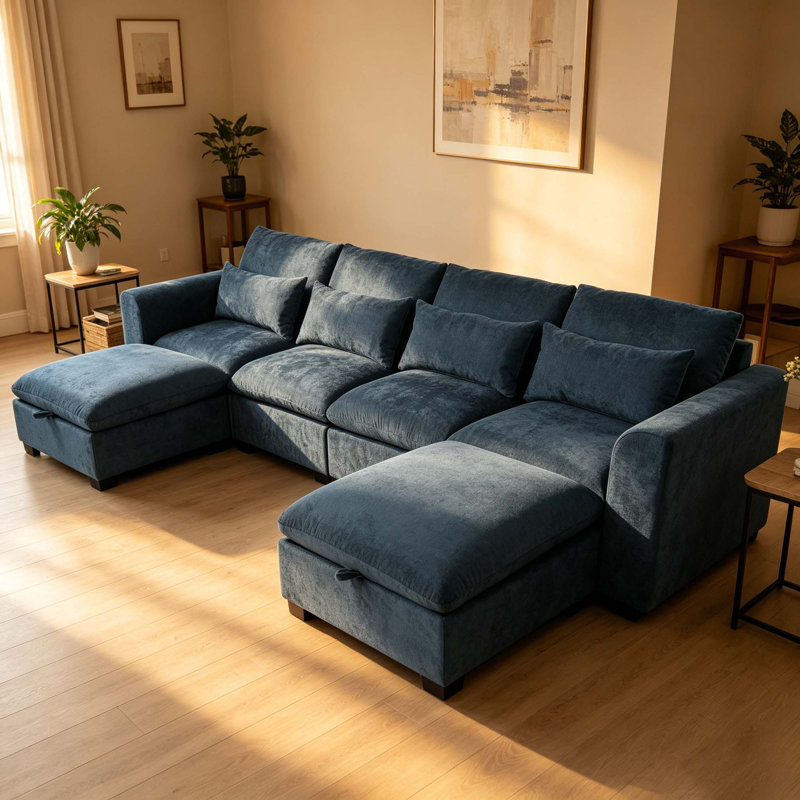 Canapé d'angle modulaire polyvalent en forme de U, librement combinable et transformable, équipé de deux repose-pieds, parfait pour le salon, le bureau et le cinéma maison