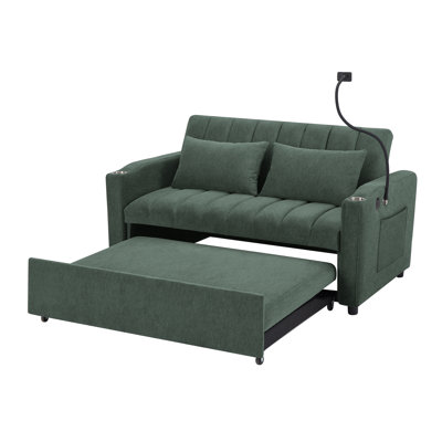 Liora 55.9" Modern Upholstered Loveseat with Pull-Out Bed, Adjustable Backrest, USB Ports & Cup Holders