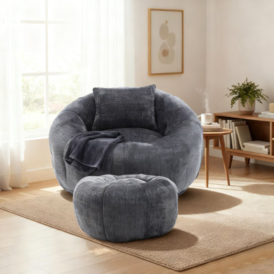 Cloud-Like Memory Foam Bean Bag Chair & Ottoman Set Soft Fabric Lounger with Pillow for Living Room/Playroom