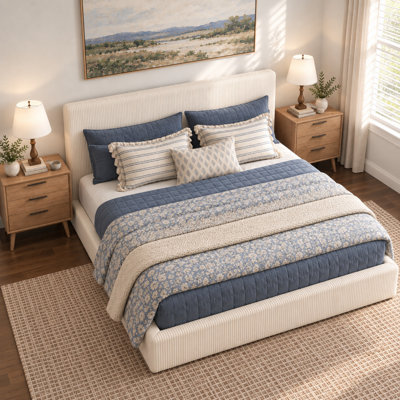 Cadre de lit King capitonné, coussin nuage en velours côtelé doux, bord rembourré de 22 cm d'épaisseur, design sans cadre, crème