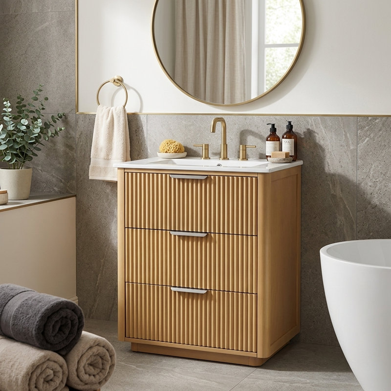 24'' Free-Standing Single Bathroom Vanity Set With Fluted Texture And Ceramic Sink