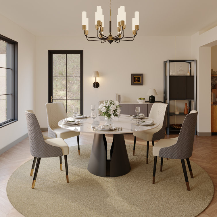 Modern Dining Room Sets, Pre-Assembly Round Dining Table Sets, Glossy Sintered Stone Tabletop Kitchen Dining Table Set With PU Upholstered Chairs