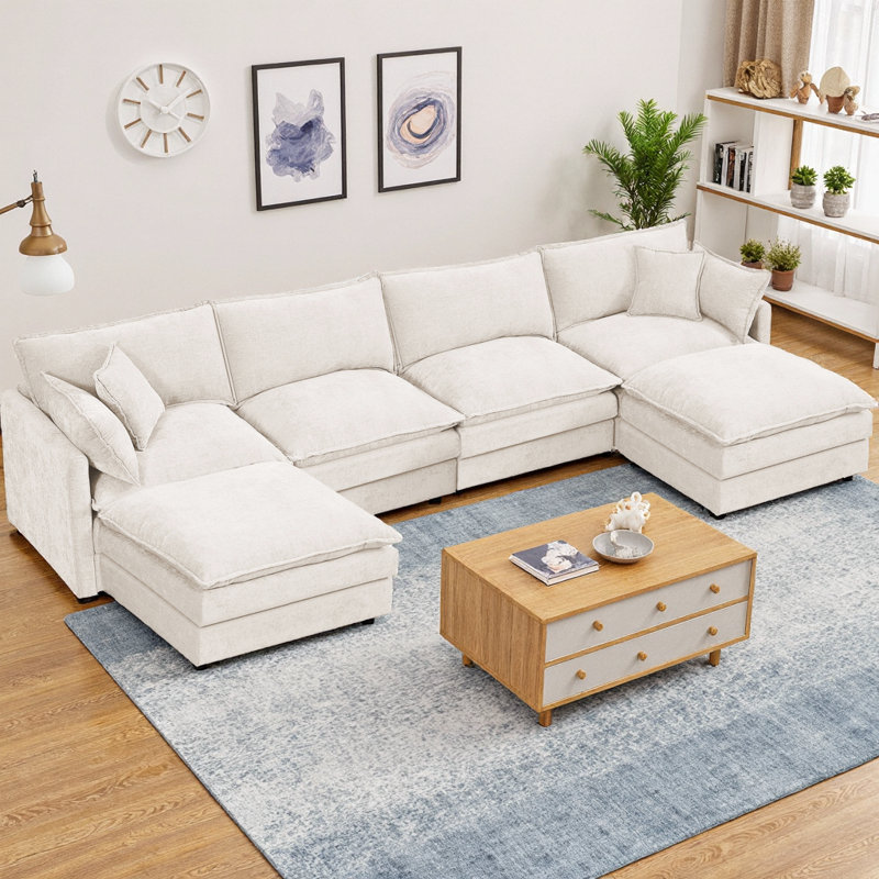 CloudHaven 130.7" U-Shaped Modular Sectional Sofa with 2 Movable Ottomans, 4-Seater Chenille Cloud Couch Set for Living Room, DIY Combination with High-Resiliency Memory Foam