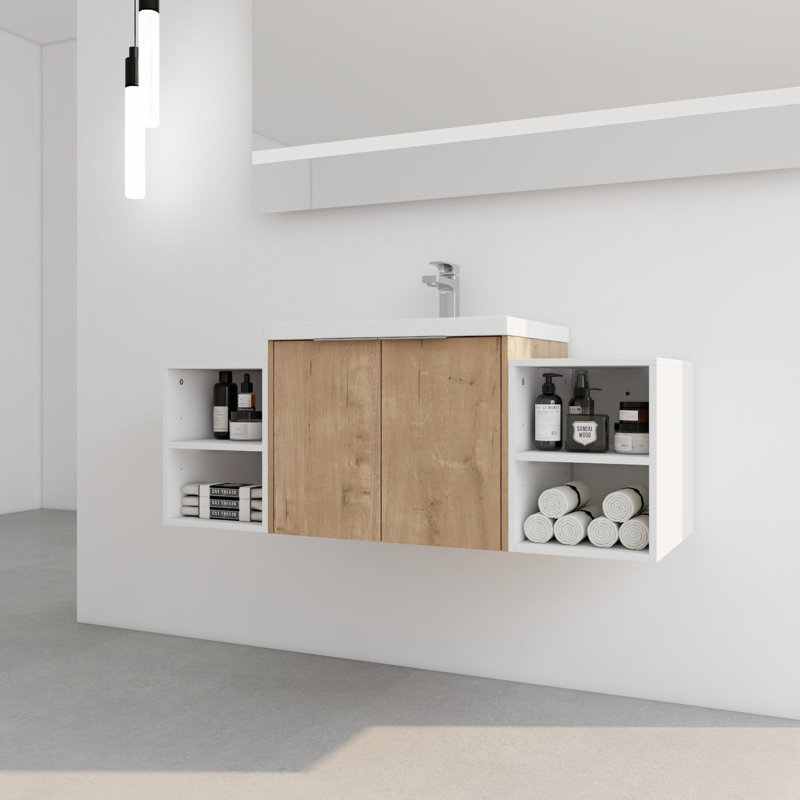 Meuble-lavabo mural 48 po, avec lavabo et 2 portes à fermeture douce, petites tablettes, lavabo moderne en contreplaqué, 48 po, tablette de fermeture