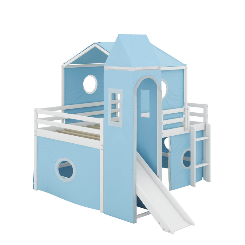 Lit mezzanine double avec tour, Bleu