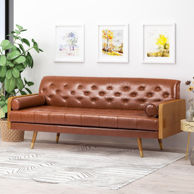 Brown With Mid-Century Modern Design, 73.2"W X 30.5"D 31.68"H, Pu Material, Accent Pillows, Legs Bed, Upholstery, Waffle Stitching Seat