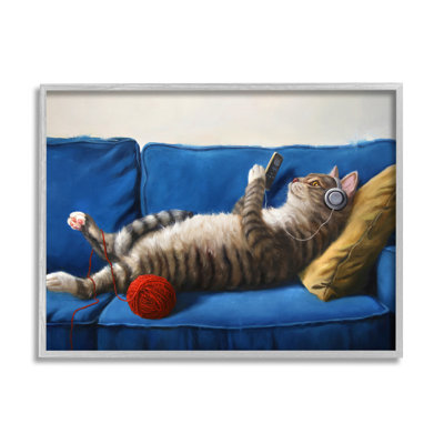 " Cat Couch Relaxing Red Yarn Ball Pet " Acrylic Painting