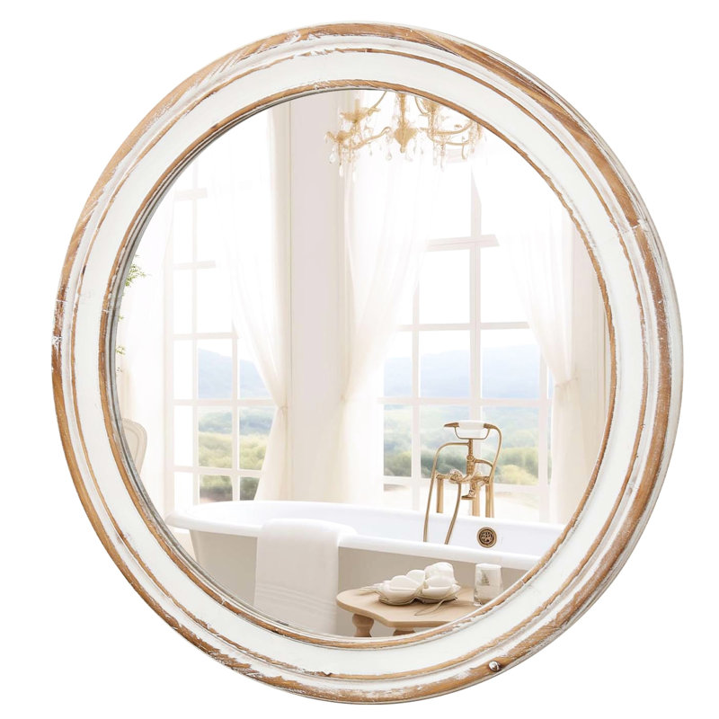 23,05 po Miroir rond pour chambre à coucher, vestibule. Miroir en bois Whitewash Edge. Réflexion cristalline. Méthode d'installation facile Bureau mural, chambre à coucher. Style avec bord. Processus simple