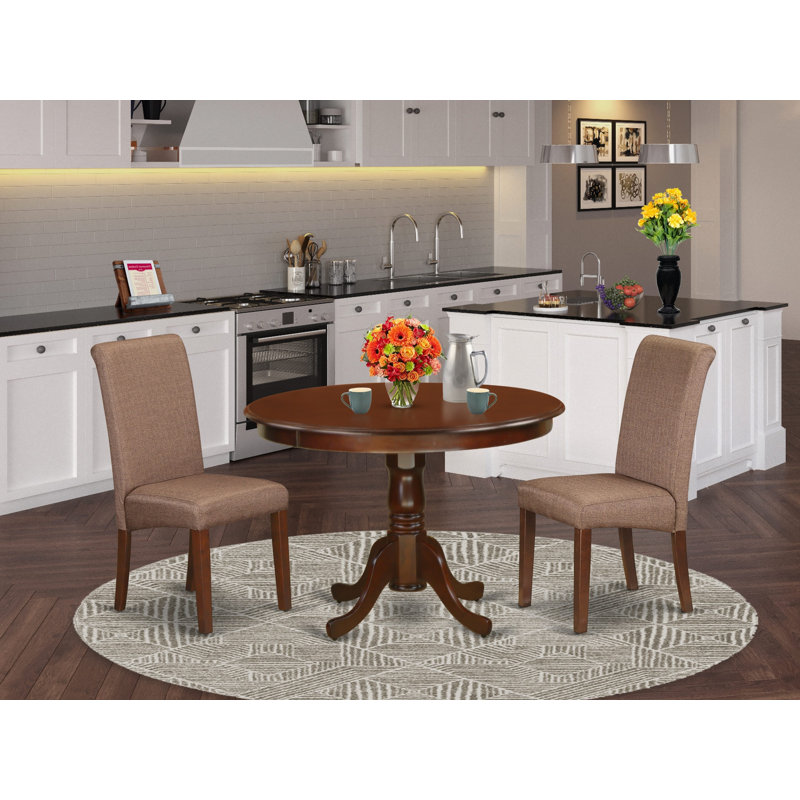 3 Piece Dining Room Table Set Contains a Round Kitchen Table with Pedestal and 2 Brown Linen Linen Fabric Parson Dining Chairs, 42x42 Inch, Mahogany