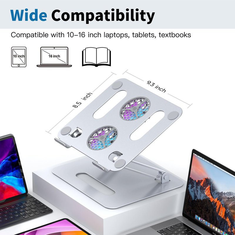 Support de refroidissement réglable pour ordinateur portable avec 2 ventilateurs silencieux et éclairage RVB, alliage d'aluminium et conception ergonomique pliable, argent