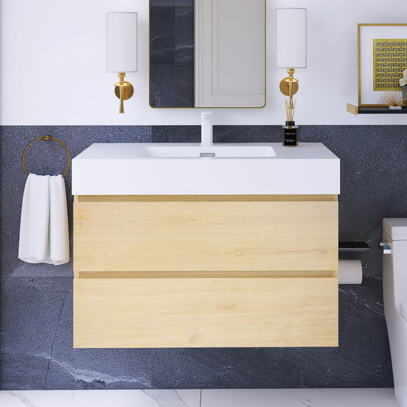 36 po W Meuble-lavabo mural simple avec lavabo blanc, Naturel