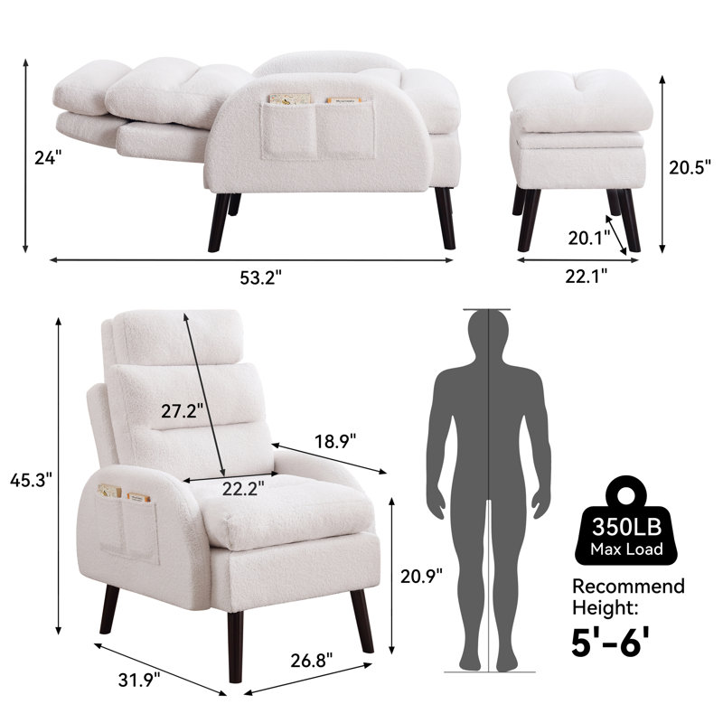 Jonilda Upholstered Accent Chair and Ottoman with  Adjustable Backrest, White Teddy