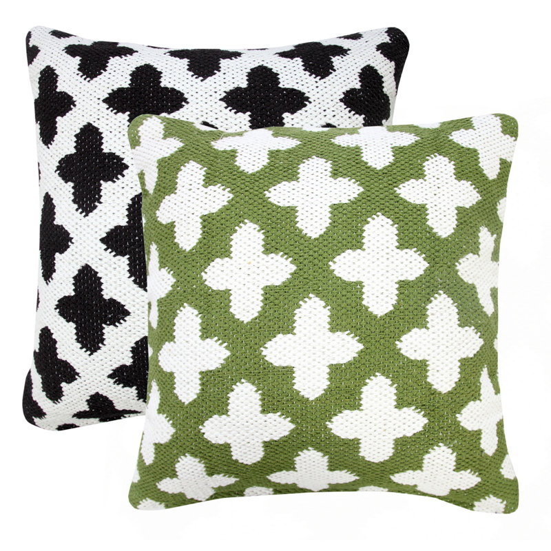 Green and White Woven Geometric Cotton Throw Pillow, 20" Square