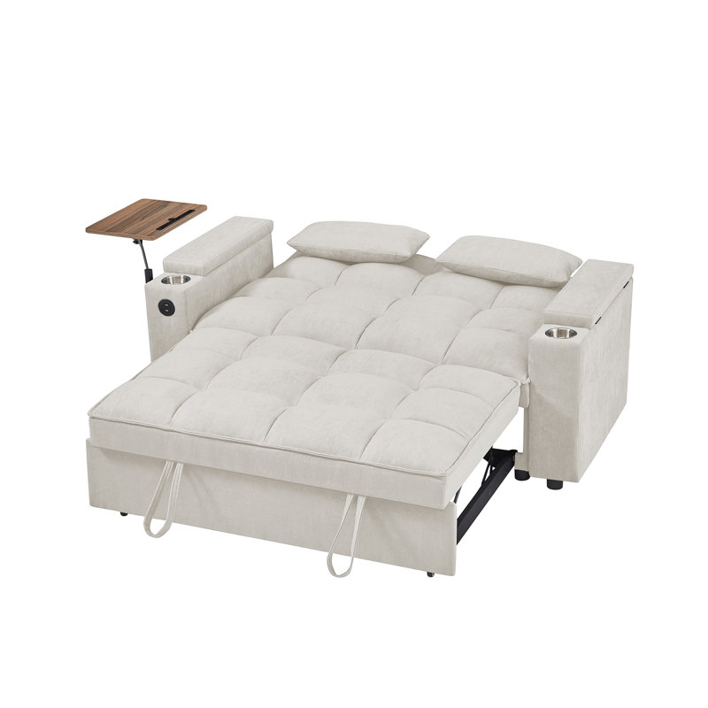 Jubilo Fabric 70'' Chenille Loveseat Sleeper Sofa Bed with Storage Armrest ,USB Port ,Side Table, Beige