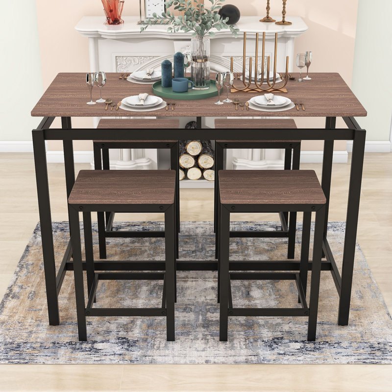 Pipkin 5-Piece Dining Set, Rectangular Table with Steel Frame and Four Stools for Small Space, Dark Brown, Dark Brown